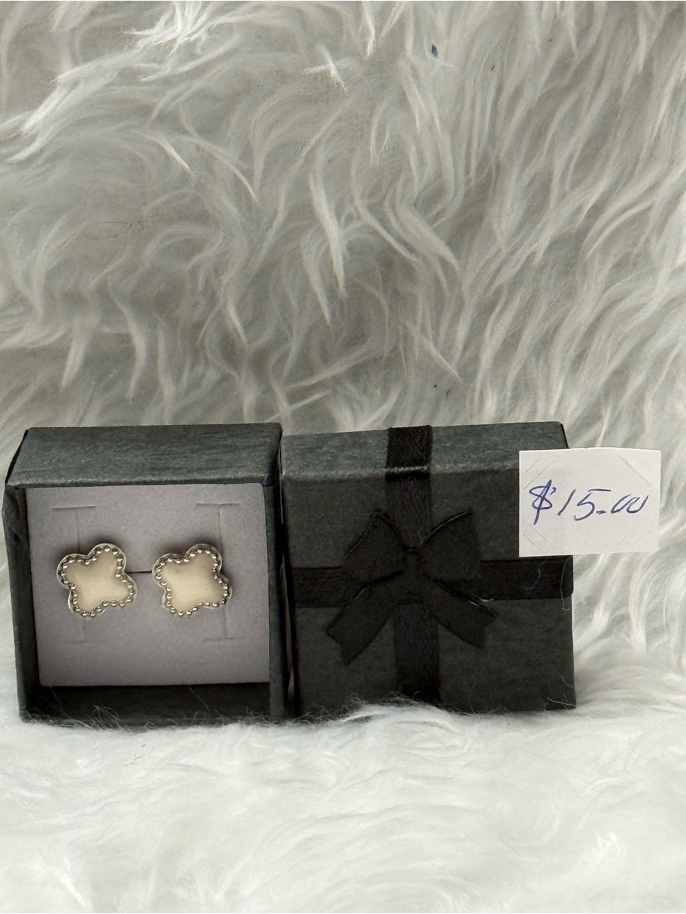 Sterling Silver-Tone White Clover Stud Earrings by